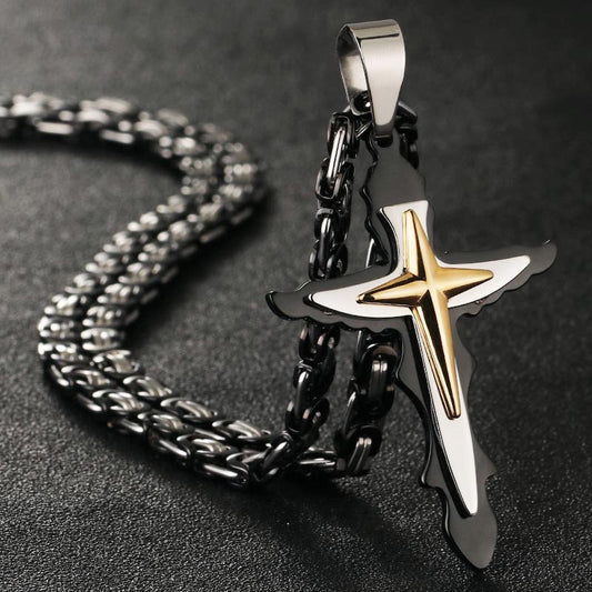 Multilayer Cross Stainless Steel Pendant Necklaces Byzantine Link Chain for Men