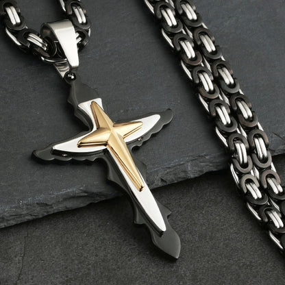 Multilayer Cross Stainless Steel Pendant Necklaces Byzantine Link Chain for Men