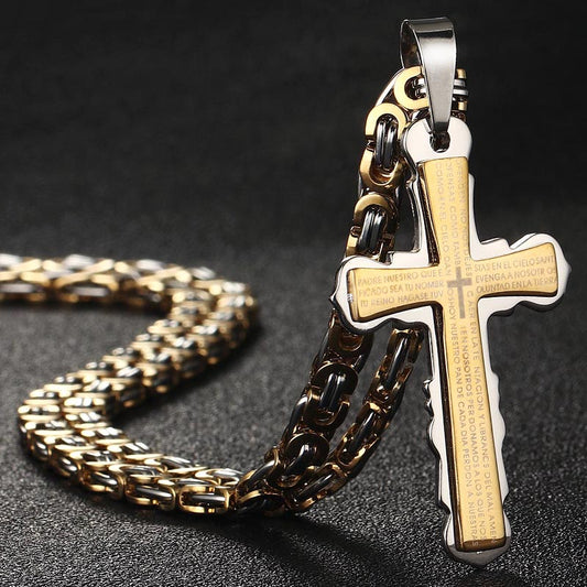 Men Catholic Spanish Bible Cross Pendant Necklaces Stainless Steel Byzantine Link Chain