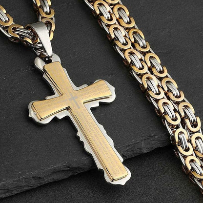 Men Catholic Spanish Bible Cross Pendant Necklaces Stainless Steel Byzantine Link Chain