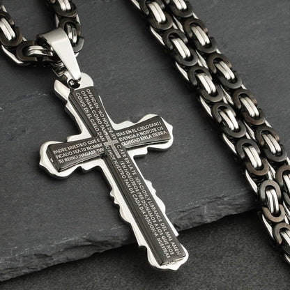 Men Catholic Spanish Bible Cross Pendant Necklaces Stainless Steel Byzantine Link Chain