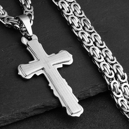 Men Catholic Spanish Bible Cross Pendant Necklaces Stainless Steel Byzantine Link Chain