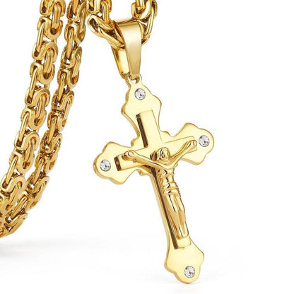 Stainless Steel Chain Crystal Jesus Crucifix Cross Pendant Necklaces Link Chains Men Necklace